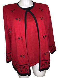 Dressbarn Woman Red Black Floral Embroidered Twin Set Cardigan Top 14/16